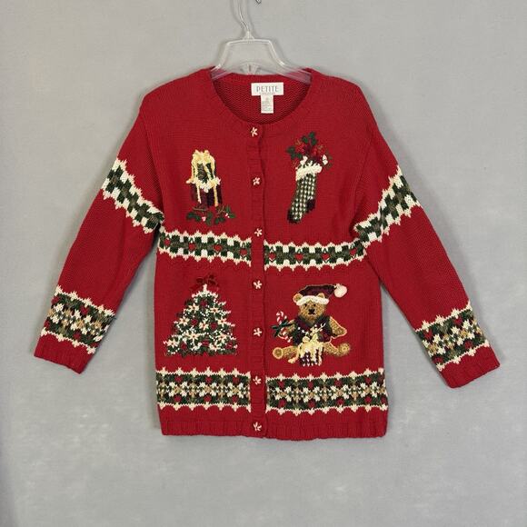 Christmas Sweater Women Petite Sz Sm Cardigan Embroidered Festive Holiday Party - Picture 1 of 15